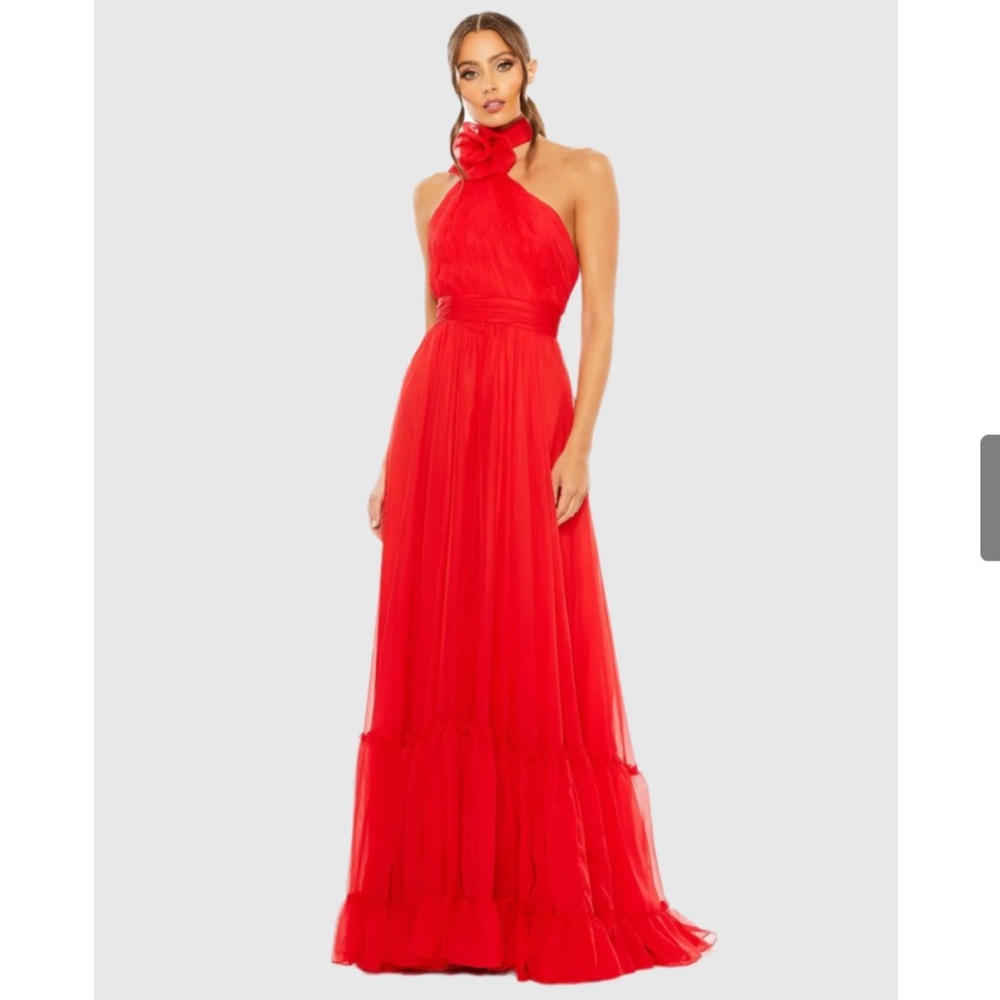 Mac Duggal Asymmetrical Halter Neck Gown in Red Chiffon